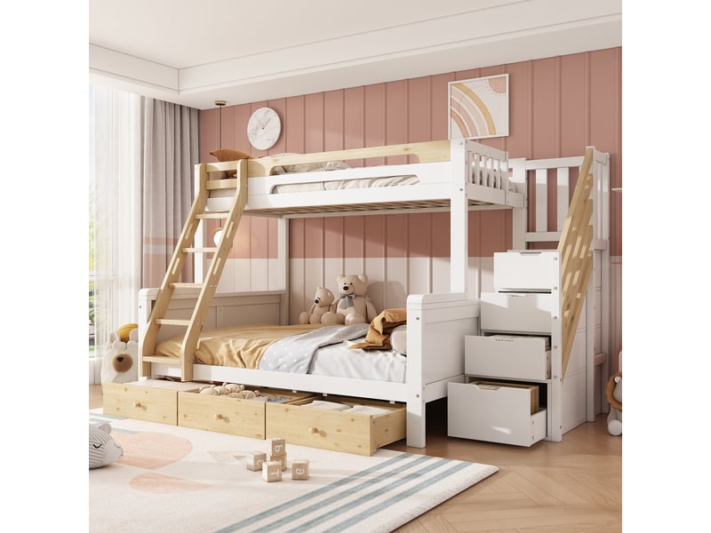  Lit superposé familial 90x200 et 140x200 cm, escalier avec rangement, échelle, 3 tiroirs, bois blanc et naturel Radiant Stride - Conforama B