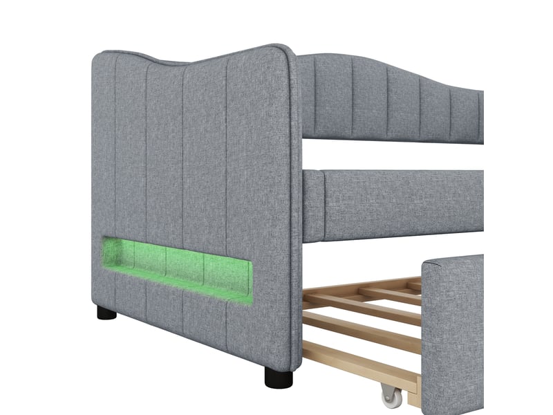  Lit banquette 90x200 avec lit gigogne, canapé lit simple en lin gris avec éclairage led, 212x99x85cm  - Conforama W