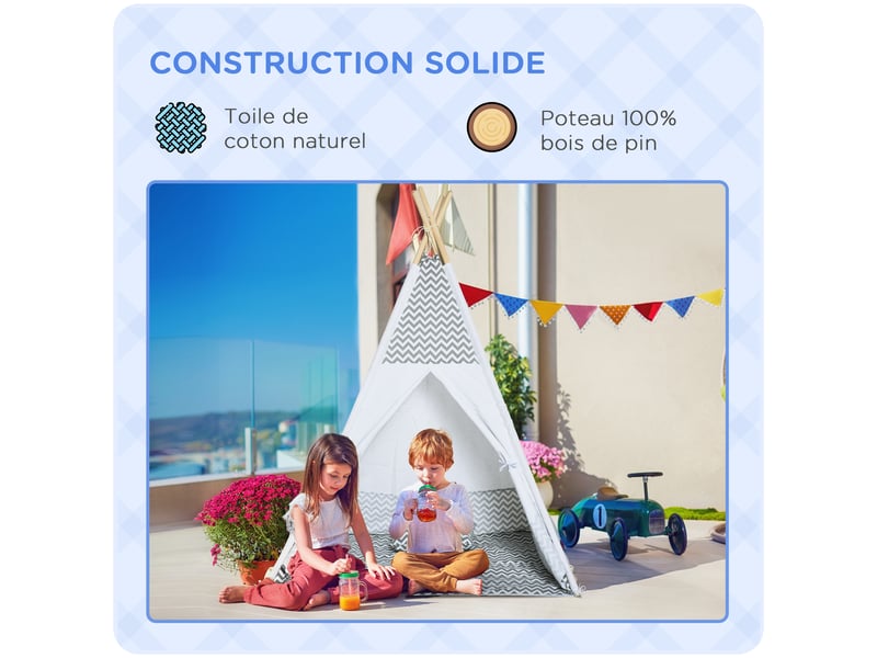  Tente teepee indien tente de jeu pour enfant style graphique - dim. 1,2l x 1,2i x 1,55h m - à l'intérieur à l'extérieur gris blanc - porte refermable fenêtre tapis coussin sac transport inclus  - Conforama W