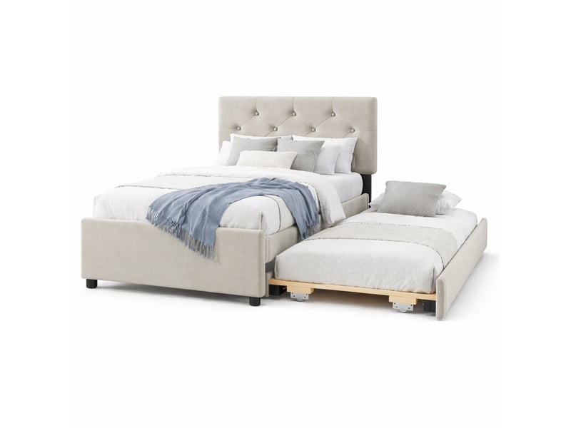  Lit gigogne 90x200 cm avec sommier à lattes et tête de lit capitonnée  - Conforama C