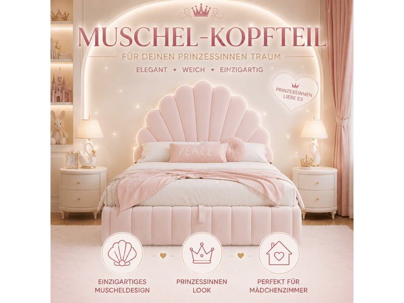 Lit coffre hydraulique 90x200 cm enfant ado rembourré en velours rose avec tête de lit fleur, rangement et sommier à lattes Morn Vibe - Conforama E