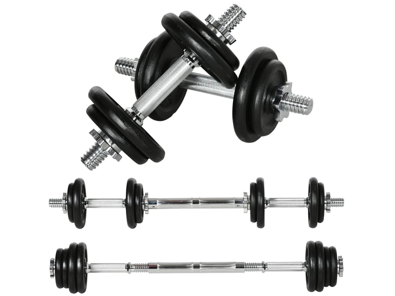 Set d'haltères réglables 20 kg 95 x 16 x 16 cm noir en fer, haltères courts et barre longue avec raccord - Conforama A