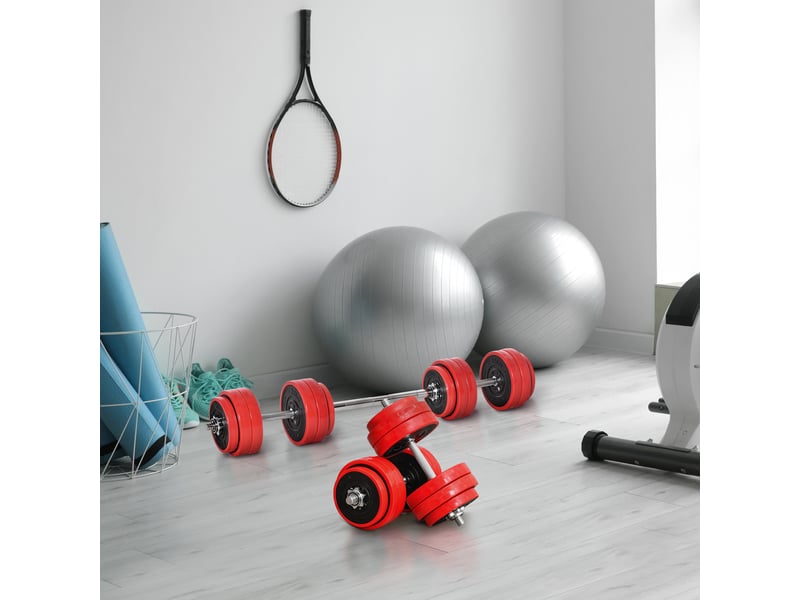 Ensemble d'haltères de 30 kg, haltères et barres réglables 2 en 1, musculation pour la remise en forme à domicile, renforcement musculaire, rouge et noir, 21,5 x 21,5 x 3,8 cm  - Conforama D