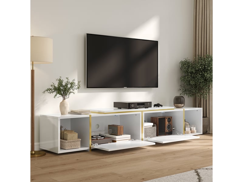  Meuble tv extensible 190 à 275x35x37 cm, façades brillantes, niches, blanc et doré Fay Lum - Conforama B
