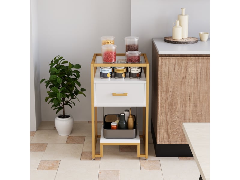 Table basse moderne 3 niveaux, tiroir bois, verre trempé, cadre acier robuste, salon chambre, montage facile, blanc, PHO_0XXNV5U2 - Conforama C