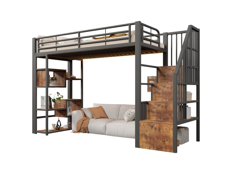  Lit mezzanine 90x200 cm, escalier avec rangements et led, en métal, noir, sans matelas  - Conforama A