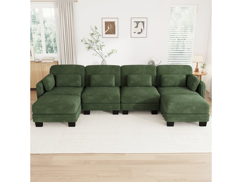  Canapé modulable en u - 4 places - 2 ottomans - assise profonde - tissu chenille - structure en bois massif - grand confort - vert CozyNest - Conforama B