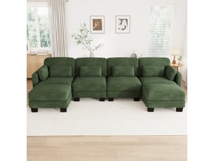 Canapé modulable en u - 4 places - 2 ottomans - assise profonde - tissu chenille - structure en bois massif - grand confort - vert