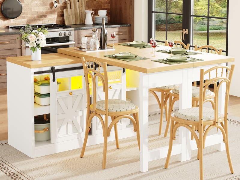  Îlot de cuisine 120cm, table à manger + meuble latéral, plateau rotatif 360°, led variable, design moderne, blanc  - Conforama B