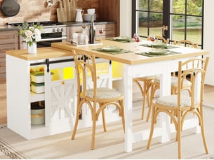 Îlot de cuisine 120cm, table à manger + meuble latéral, plateau rotatif 360°, led variable, design moderne, blanc