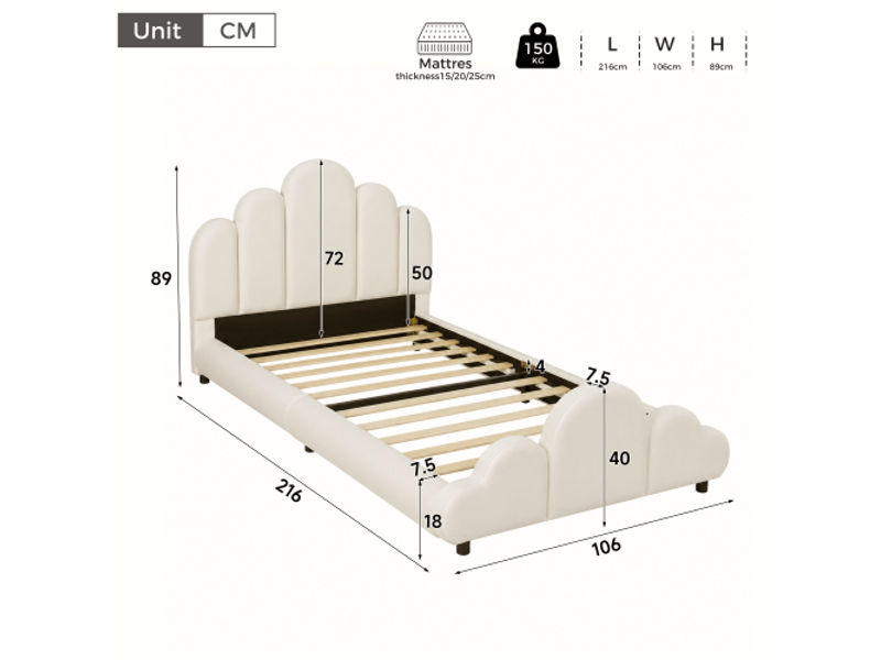  Lit enfant 90x200 cm capitonné – tête de lit rembourrée, coins arrondis, velours beige  - Conforama C