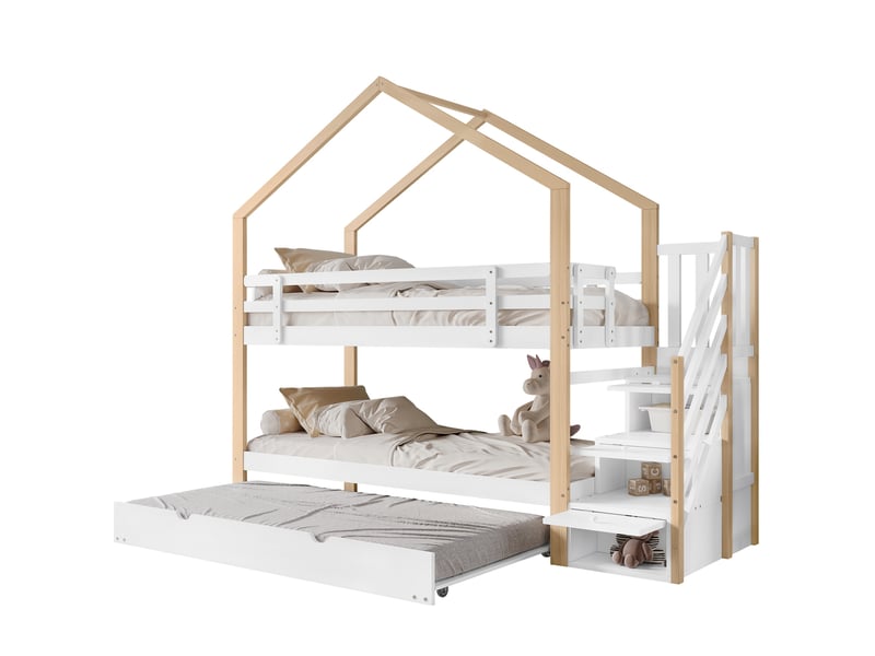  Lit superposé 90x200cm et 90x190cm, lit gigogne extensible avec escalier de rangement 3 tiroirs, bois massif et mdf pour chambre d'enfant, blanc  - Conforama A