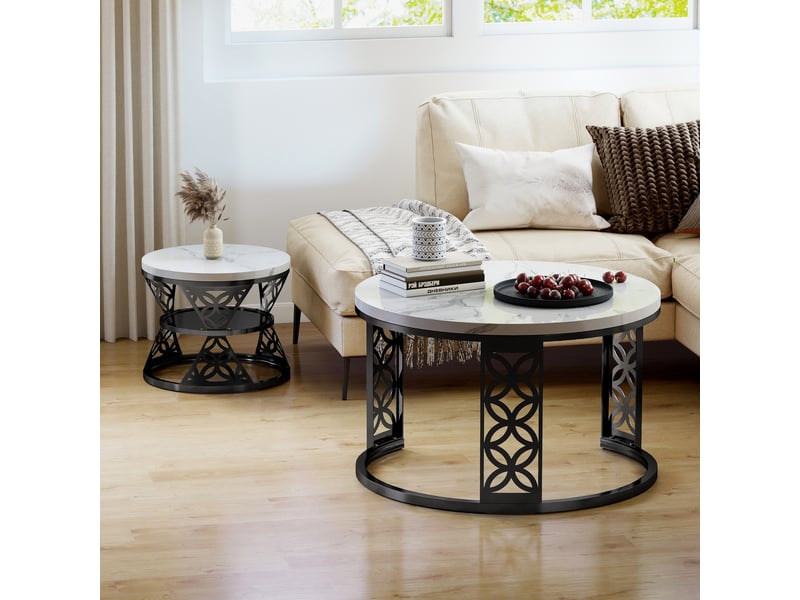  Lot de 2 tables basses noir + blanc avec plateau effet marbre  - Conforama C