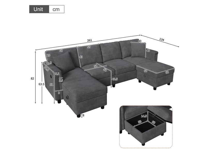  Canapé d'angle modulable gris 261x134x82 cm en chenille avec 2 poufs de rangement  - Conforama C