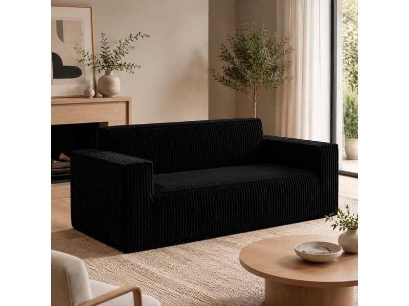 Canapé droit 2 places à assise profonde sans montage pour salon en velours côtelé noir, 94 × 37 × 37 cm - Conforama C