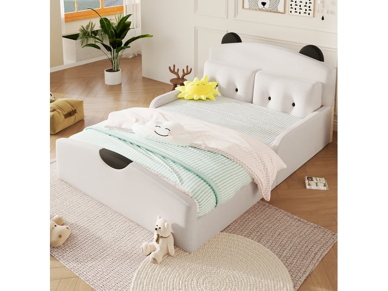  Lit plateforme 140 x 200 cm blanc en lin avec tête de lit ours et 2 coussins décoratifs  - Conforama C