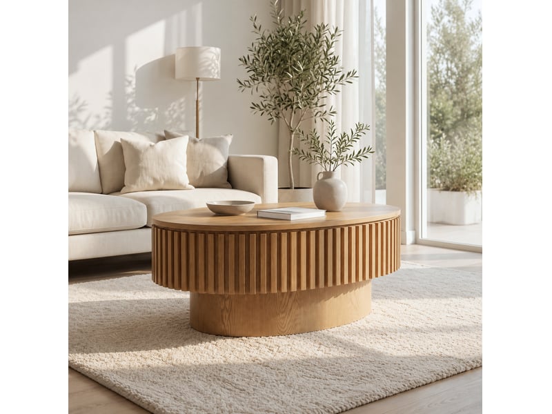  Table basse ovale 98x60x35 cm avec rangement caché coloris bois naturel  - Conforama B