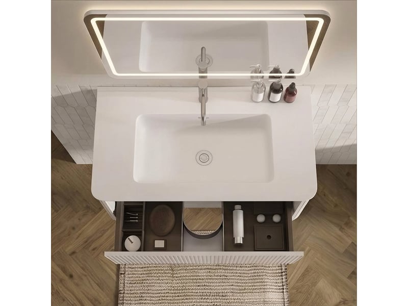 Meuble sous vasque 80 cm suspendu avec vasque en fonte minérale, tiroirs push-to-open, blanc - Conforama C