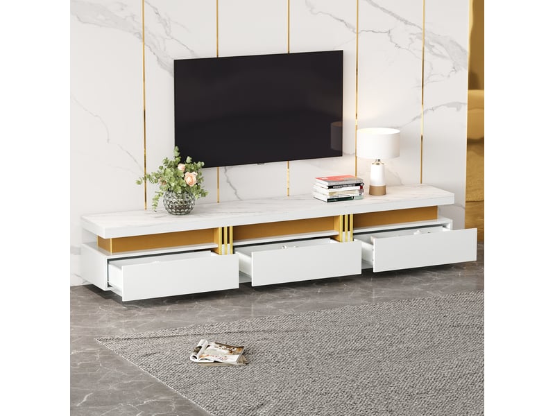  Ensemble meuble tv 3 tiroirs et table basse 2 tiroirs, blanc, effet marbre  - Conforama D
