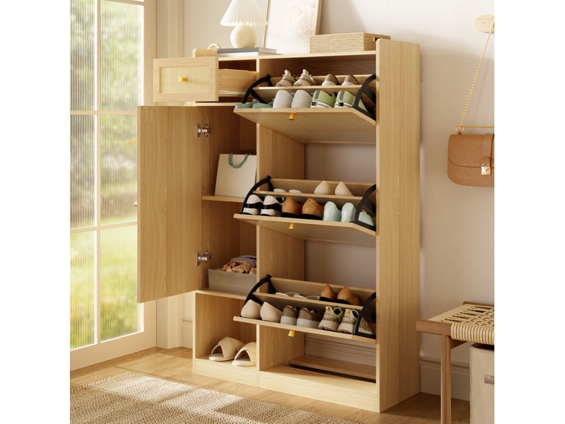  Meuble à chaussures 80,5x25x125 cm avec 3 abattants, 1 tiroir et 1 porte naturel  - Conforama D