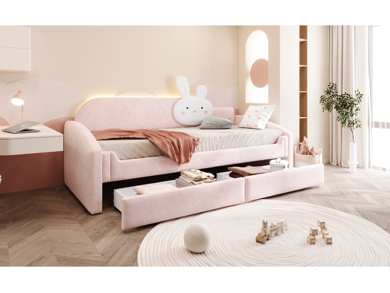  Canapé-lit 90x200 cm, lit enfant, couchage d'appoint, rangement, led, velours rose  - Conforama R