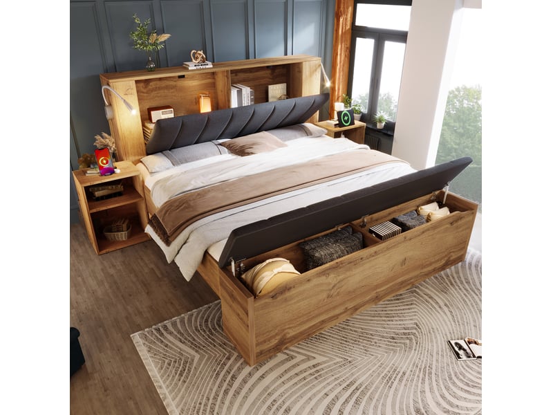 Lit coffre 160 × 200 cm 2 places avec lampes de lecture, usb, 2 tables de chevet et banc, avec matelas, chêne - Conforama C