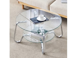 Table basse à 2 niveaux avec plateau en verre trempé et structure métallique pour salon 90,5 × 89 × 10,5 cm