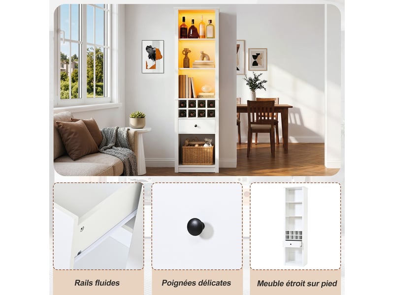  Vitrine haute led 55x40x200 cm, 12 compartiments, 1 tiroir, rangement ouvert sans porte, mdf, mat blanc  - Conforama E