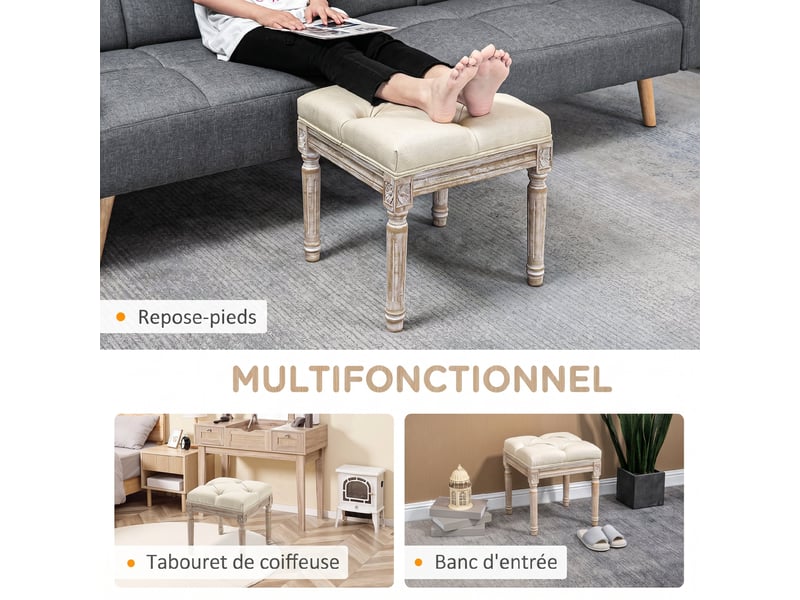  Repose pied salon, ottoman, siège rembourré en tissu aspect lin avec pieds en bois d'hévéa, beige, 40 x 40 x 43 cm  - Conforama R