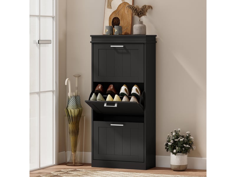  Meuble à chaussures, armoire à chaussures 3 portes abattants 15 paires, étagères réglables, 54 x 24 x 117,5 cm, noir  - Conforama B