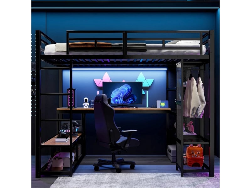  Lit mezzanine 140x200 en métal noir avec bureau et penderie  - Conforama D