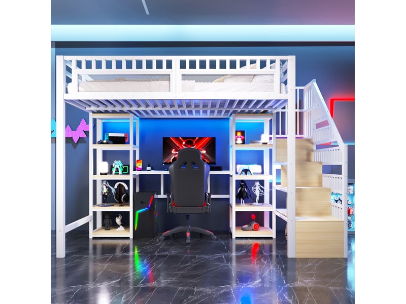 Lit mezzanine 140 x 200 cm avec bureau, rangements, led et port usb, blanc - Conforama D