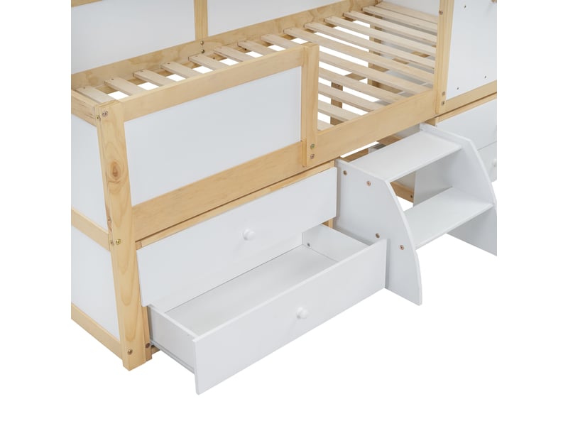 Lit enfant 90x200cm, lit 1 place avec 4 tiroirs de rangement, escalier et sommier, lit maison, pin+mdf, blanc+naturel, sans matelas - Conforama E