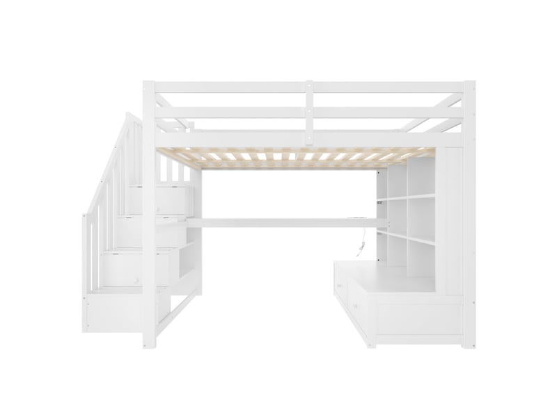  Lit mezzanine 140x200 cm avec bureau, étagères, 2 tiroirs et escalier de rangement, blanc  - Conforama A