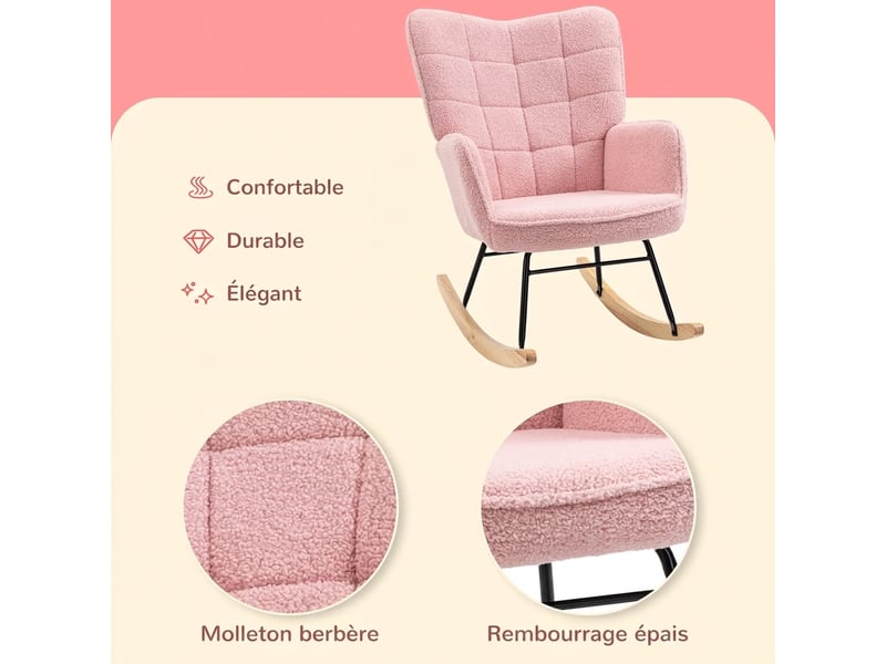  Fauteuil à bascule rose en imitation peau de mouton avec pieds en bois de hêtre, charge 120 kg  - Conforama W
