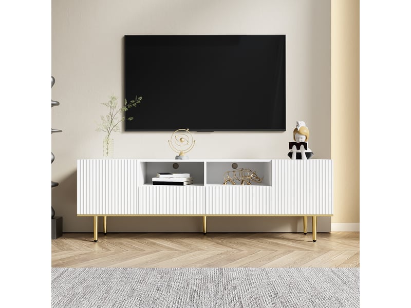  Meuble tv moderne avec pieds dorés et bordure dorée, 2 niches, 2 tiroirs, noir et or  - Conforama B