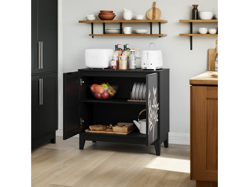  Buffet 80 cm sculpté noir, 2 portes, étagères réglables, mdf, design contemporain  - Conforama D