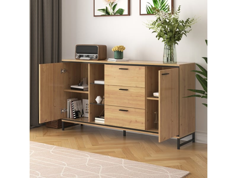  Buffet cuisine à trois tiroirs, 160 x 40 x 85 cm, meuble de rangement avec compartiments de rangement,  pour salon, naturelle  - Conforama D