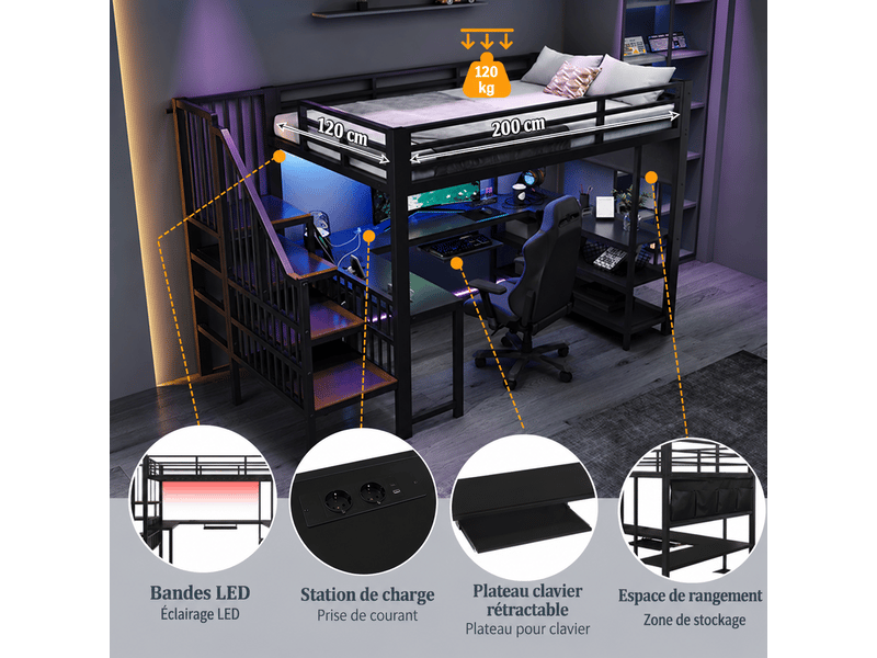  Lit mezzanine gaming 120x200 cm, bureau en u, led, escalier, prise électrique, étagères et tablette clavier coulissante, métal et mdf, noir OMNIGLINT TRADING LTD - Conforama E