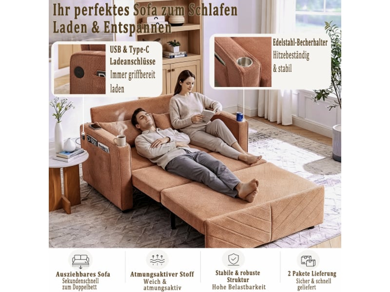 Canapé-lit 2 places 3-en-1 – minimaliste et élégant, design coulissant, ports usb, orange, idéal pour sieste - Conforama E