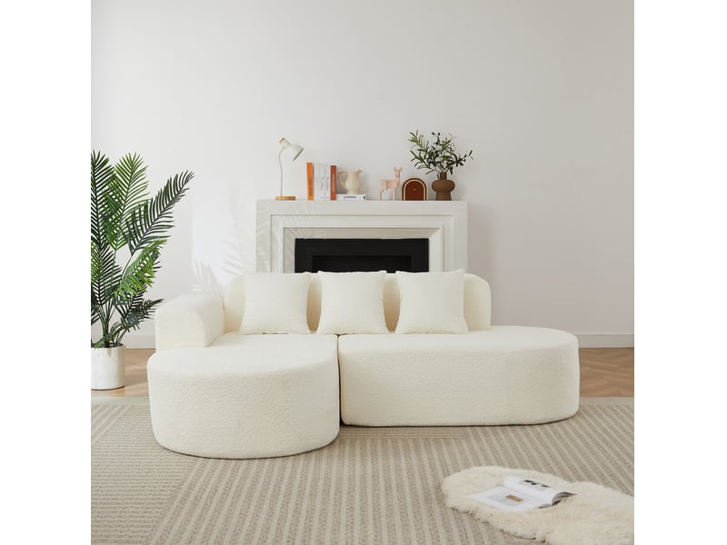  Canapé d'angle gauche en chenille avec méridienne et 3 coussins de dossier, formes arrondies beige  - Conforama C
