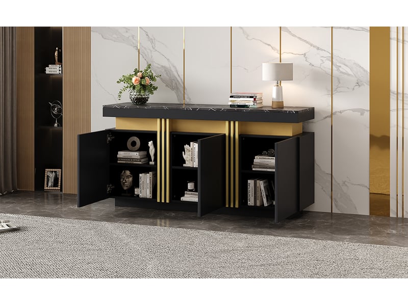  Buffet noir et doré 3 portes, meuble moderne effet marbre avec 6 compartiments réglables, 140 x 38 x 70 cm  - Conforama D