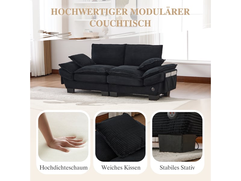  Canapé modulable, canapé de salon – poches latérales, mousse haute densité, port usb, noir, en velours côtelé  - Conforama E