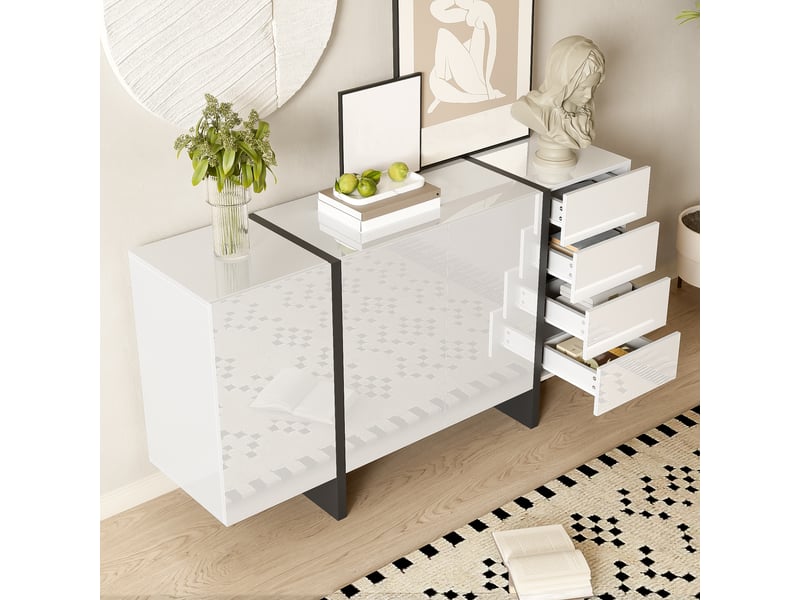  Buffet 2 portes 4 tiroirs avec grande capacité de rangement - lpospi - fermeture douce, finition brillante, mdf blanc et noir 150 × 40 × 80,5 cm  - Conforama E