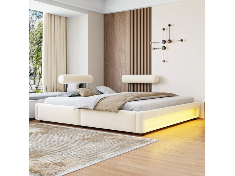  Lit double capitonné 180x200 cm, dossiers réglables et led, velours beige  - Conforama B
