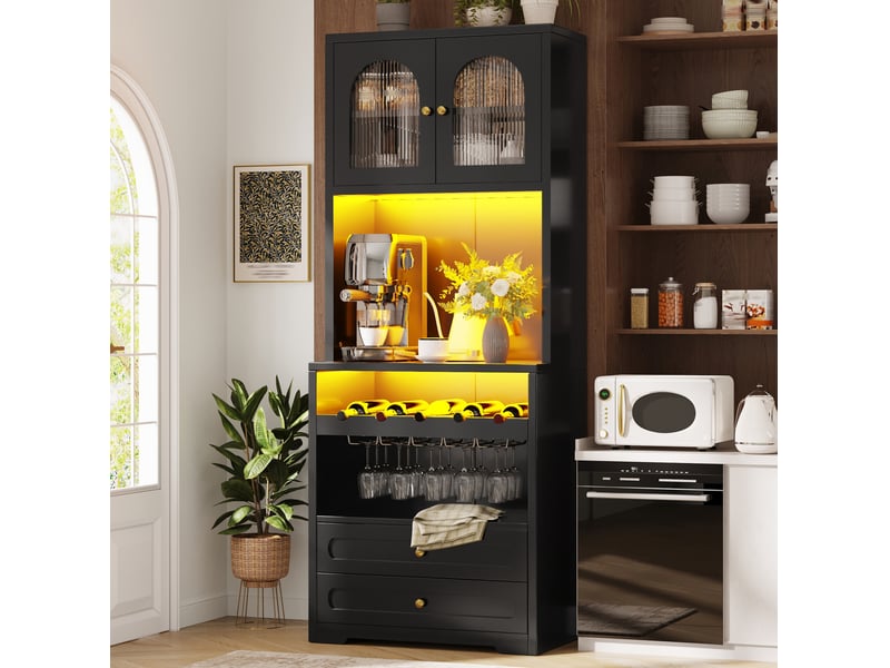 Buffet haut avec 4 portes vitrées, 4 tiroirs, led, range-bouteilles et port usb en mdf noir 140 × 40 × 180 cm  - Conforama D