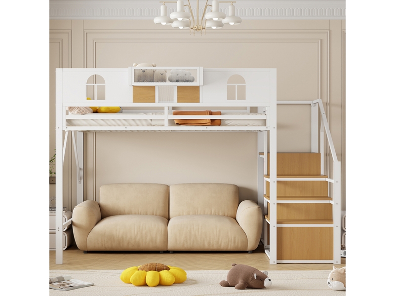 Lit mezzanine 140x200cm avec espace de rangement, escalier, fenêtre, rail élevé, métal, blanc, sans matelas - Conforama C