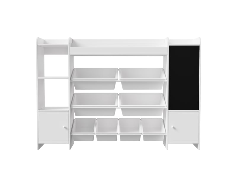 Bibliothèque enfant - 137x30x94,5 cm - meuble de rangement jouets, bac amovibles, tableau noir dessin - blanc - Conforama A