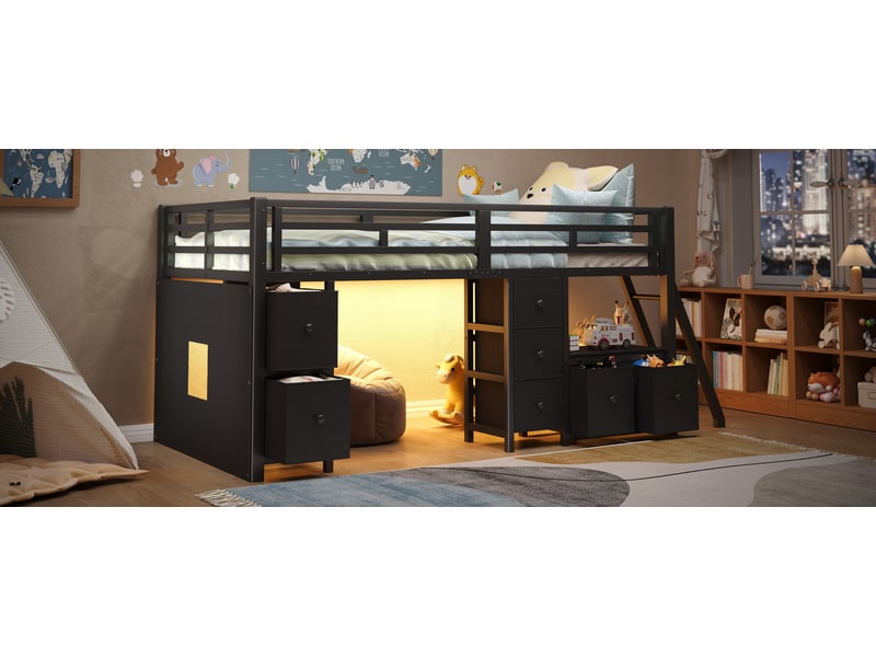 Lit mezzanine enfant simple 90×200 cm, 7 tiroirs et led réglable - sans matelas, mdf et métal noir - Conforama E