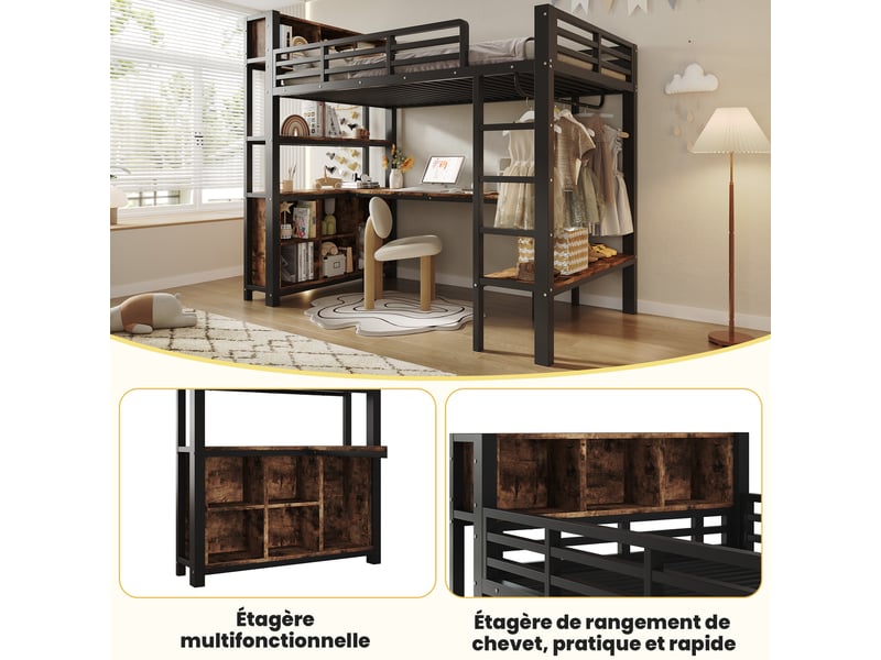 Lit mezzanine 90x200 cm – avec bureau penderie rangements et étagères – métal et mdf – noir evarich - Conforama D